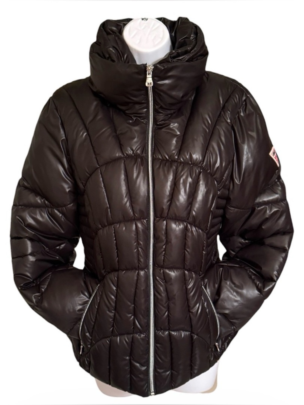 GUESS Womens Large Black Glossy Quilted Puffer Jacket Fitted